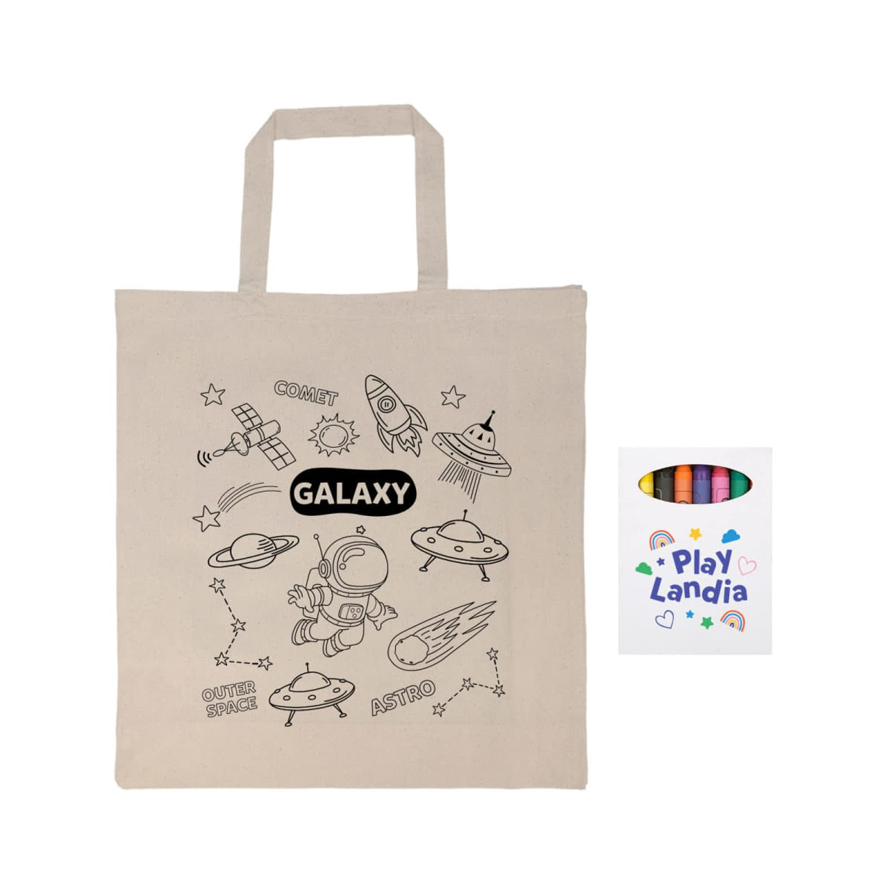 A beige calico bag featuring space-themed designs and a box of colorful crayons beside it. The bag has short handles. A beige calico bag featuring space-themed designs and a box of colorful crayons beside it. The bag has short handles.