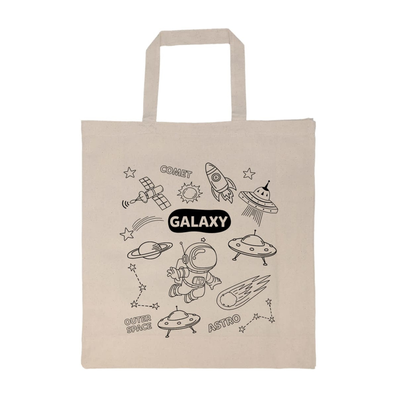 A beige calico bag featuring a space-themed design with illustrations of rockets, planets, and stars. It has two handles. A beige calico bag featuring a space-themed design with illustrations of rockets, planets, and stars. It has two handles.