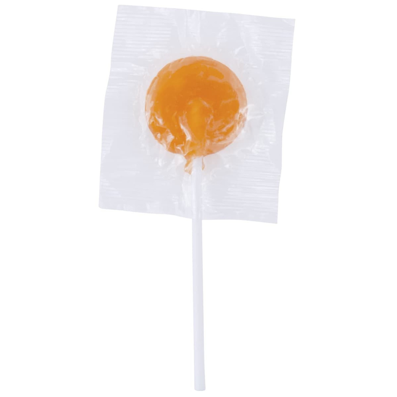 An orange lollipop in clear packaging with a white stick, featuring a simple design.