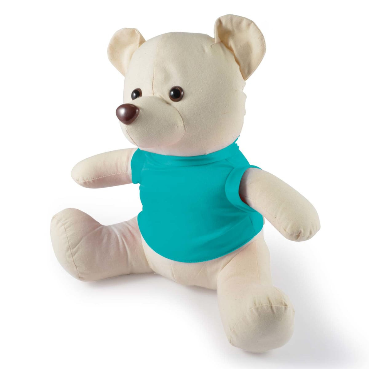 A plush toy bear dressed in a turquoise shirt, featuring a soft and cuddly design.