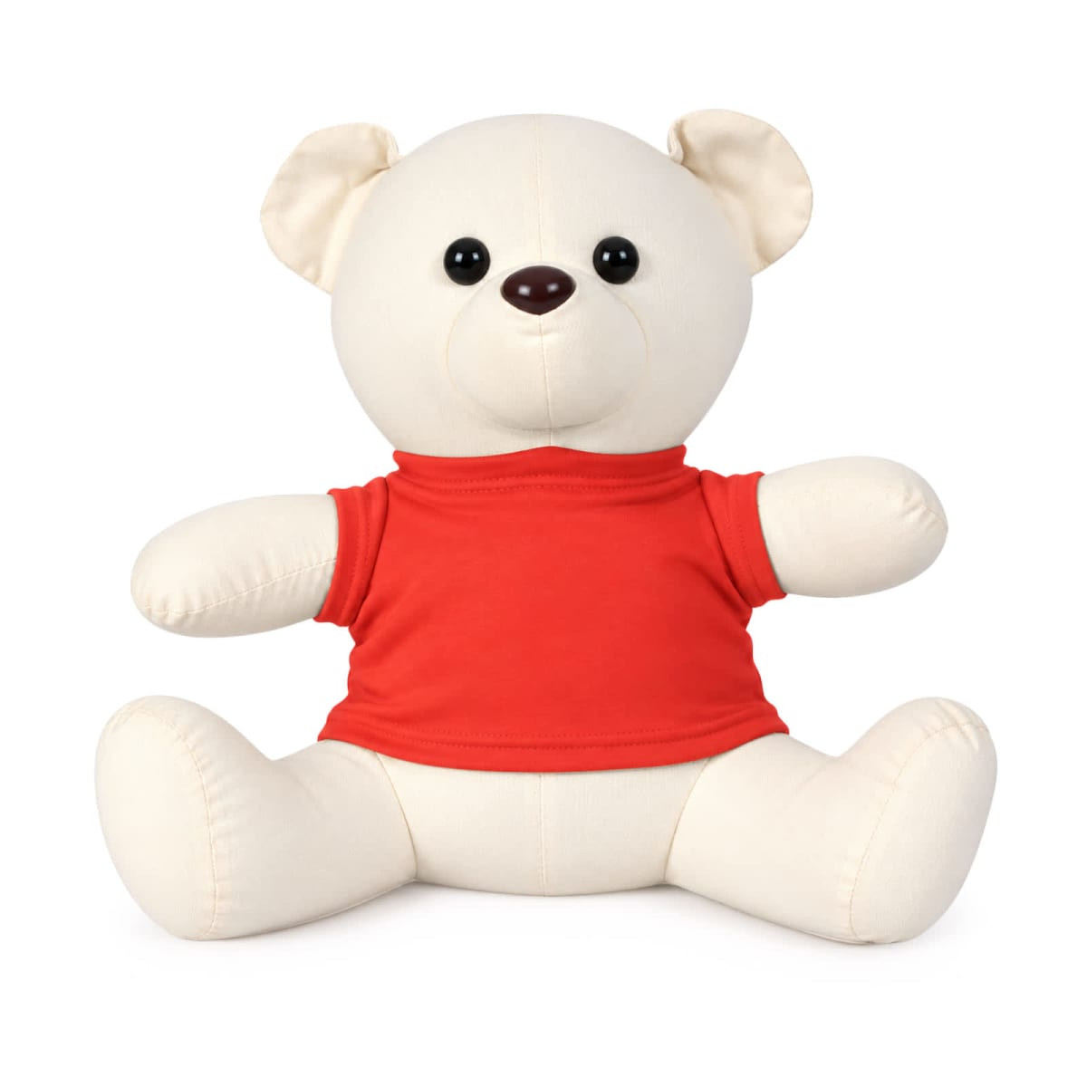 A plush bear in a red shirt, featuring a cream-coloured body and black eyes, seated with arms outstretched.