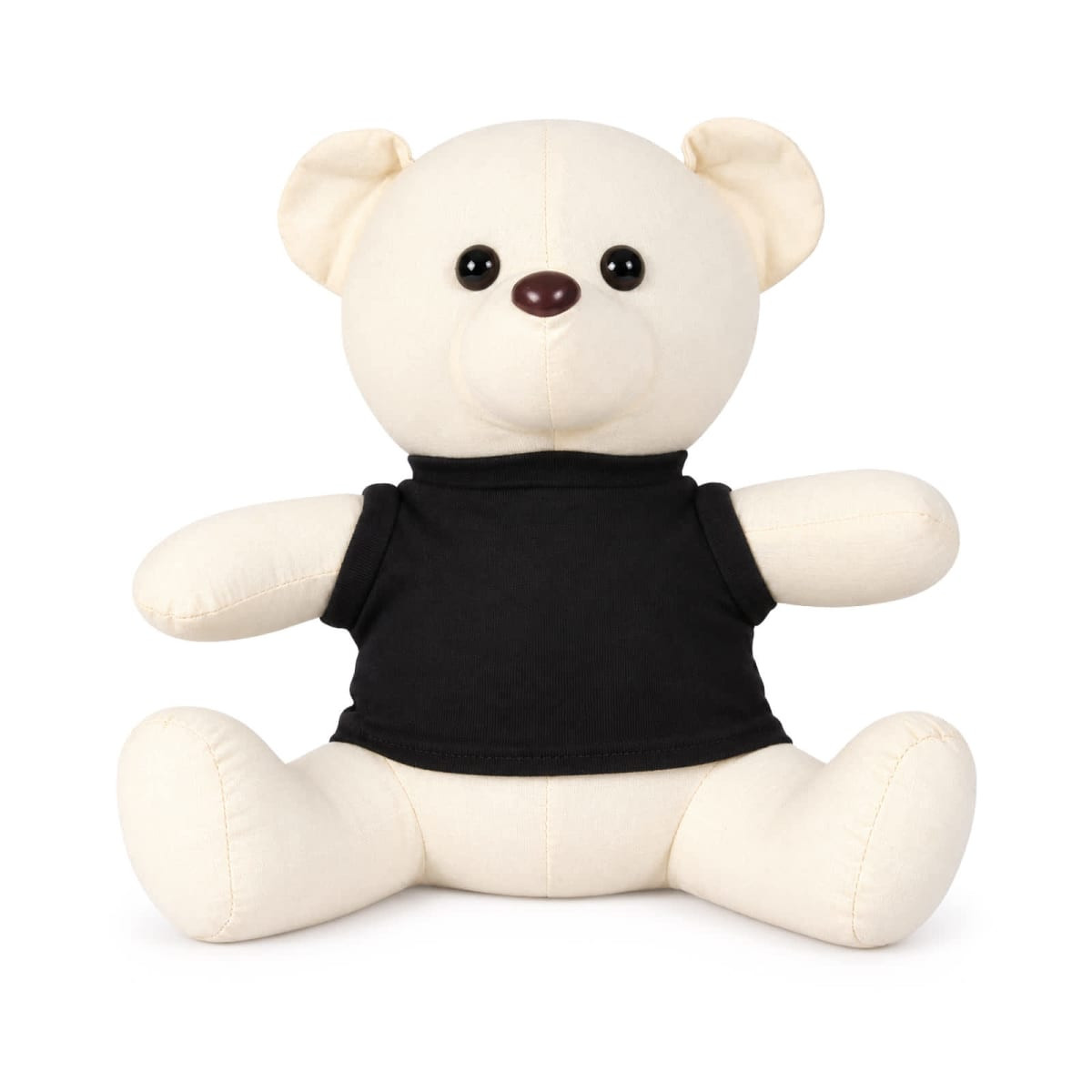 A plush white bear with a black shirt, featuring large black eyes and a brown button nose.