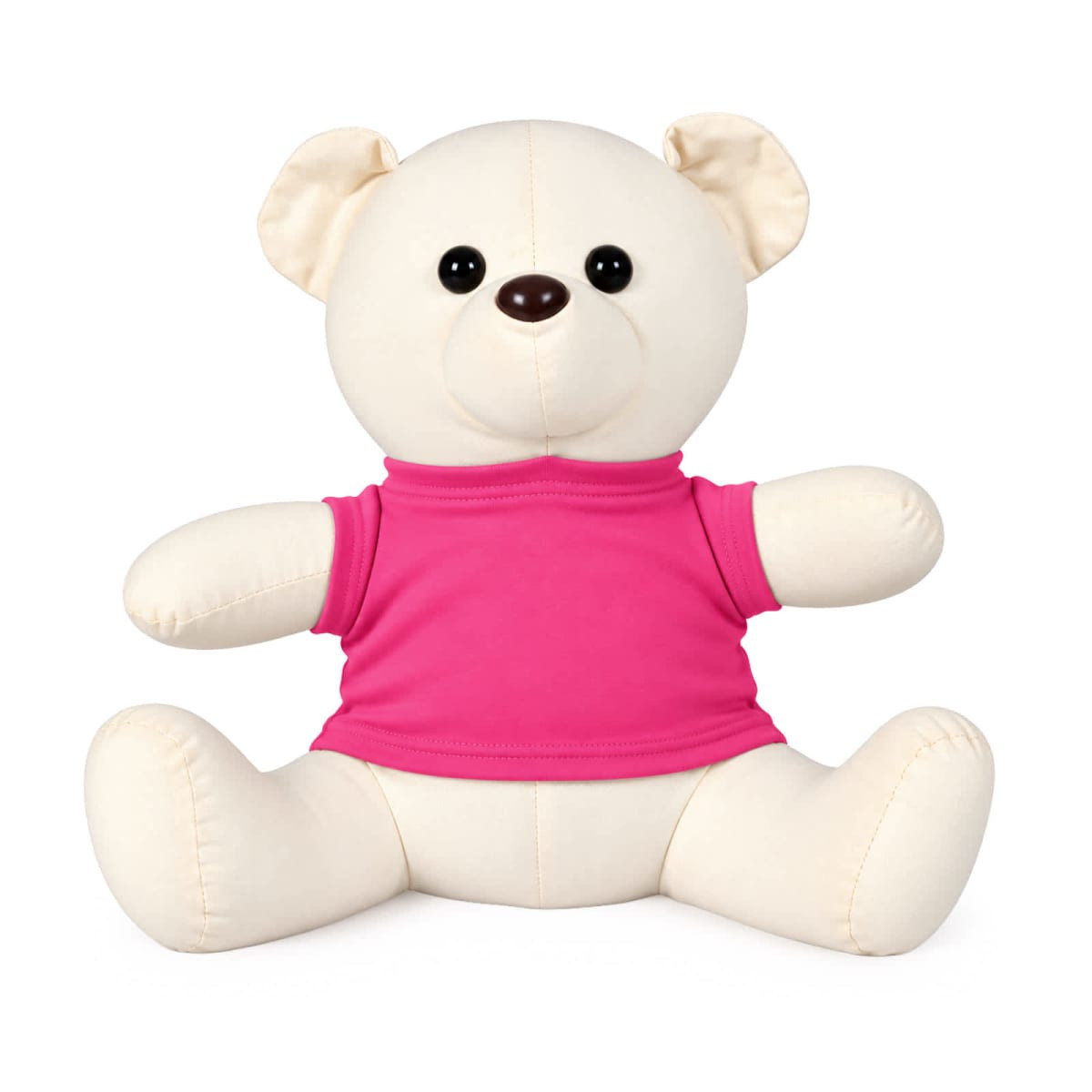 A plush bear with a cream body and pink shirt, designed as "The Original Signature Calico Bear."