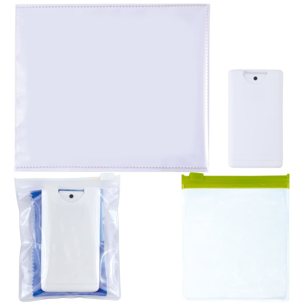 A microfiber lens cloth with screen cleaner in various sizes, featuring white and transparent packaging with a green zipper.