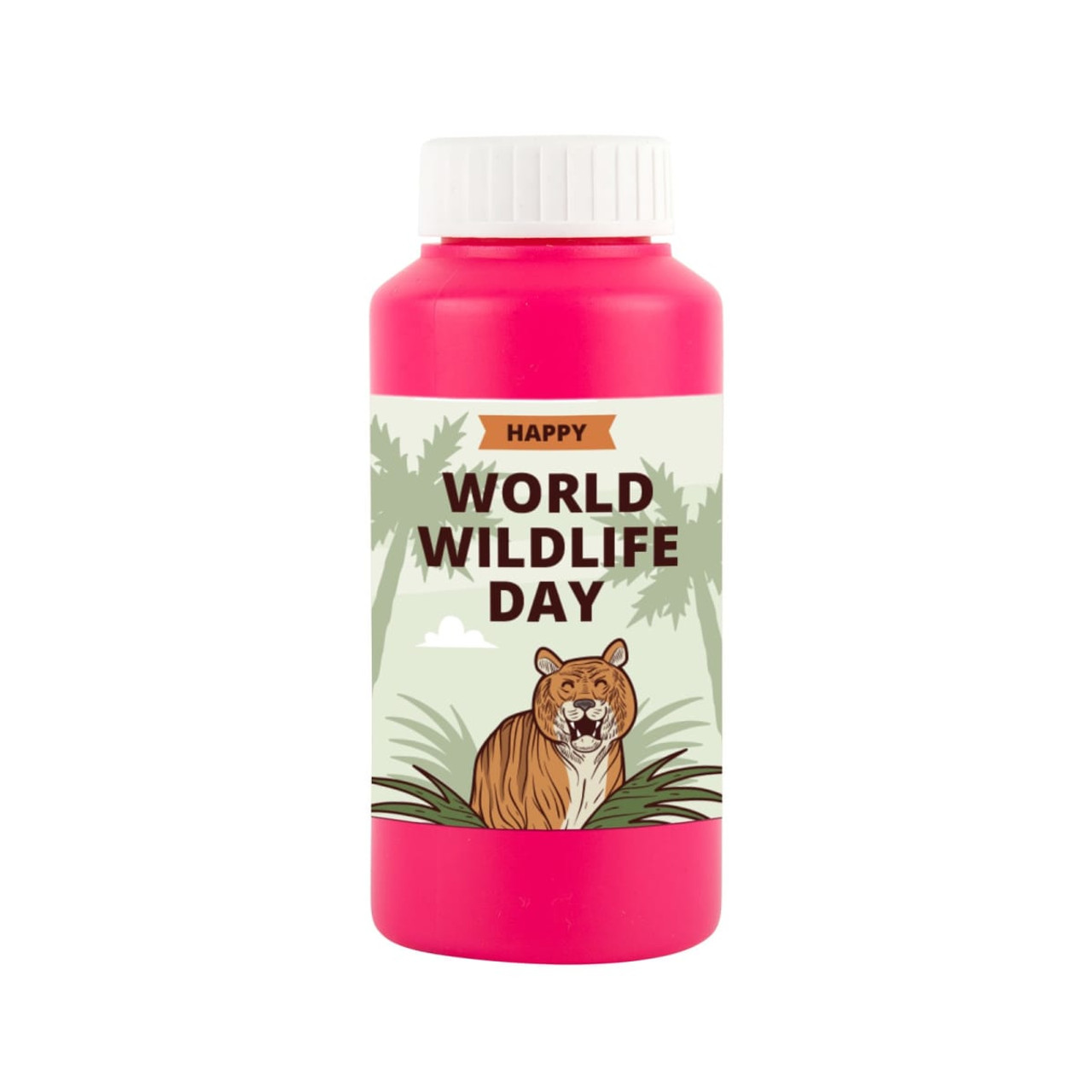 A drink bottle in bright pink featuring a cartoon tiger and a nature-themed design, with a logo on it.