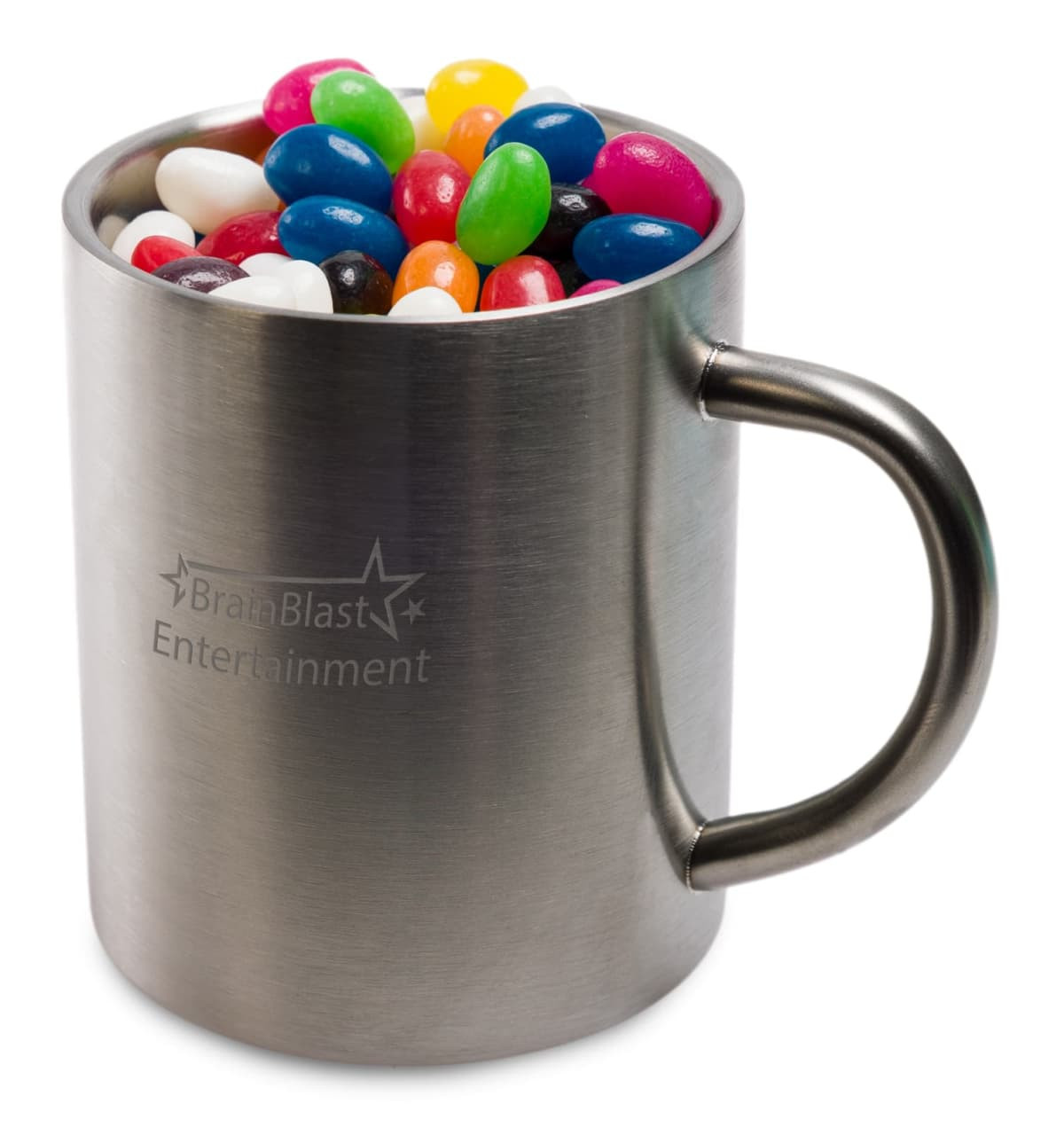 A stainless steel mug filled with assorted colourful mini jelly beans in various shapes. The mug has a logo.