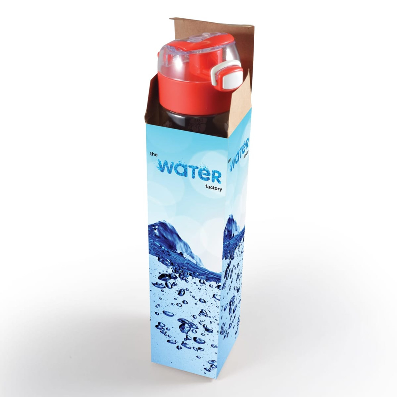 A drink bottle in a box, featuring a red lid and a dark body, with a logo and a water-themed design.