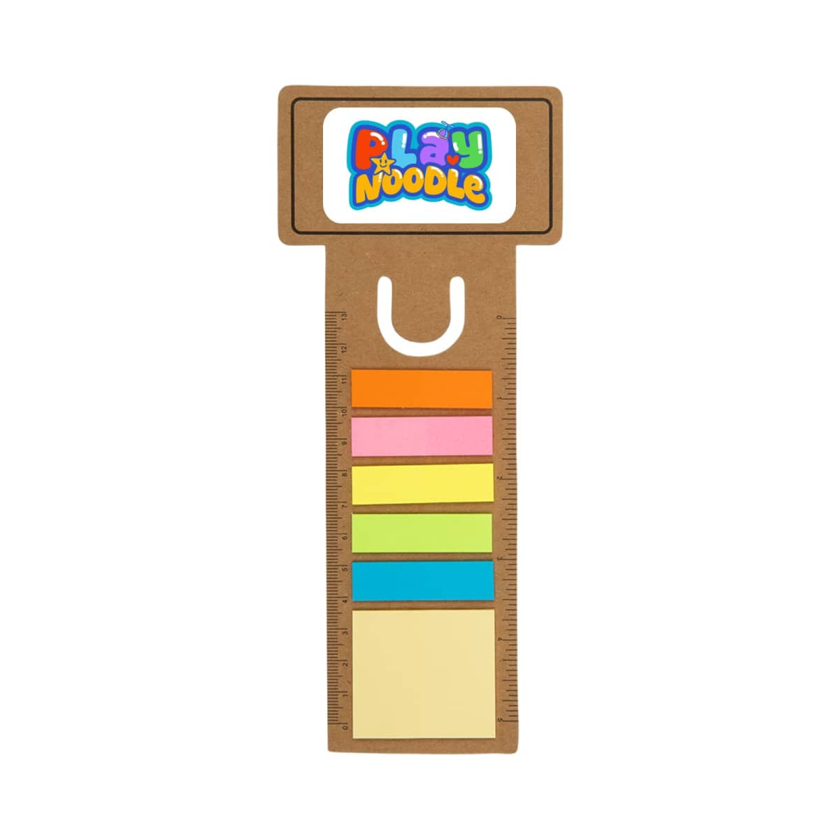 A brown business card bookmark features a ruler design and colourful sticky note flags. Includes a logo at the top.