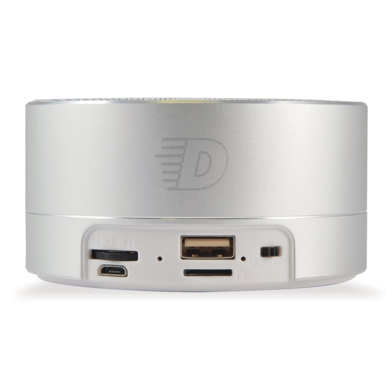 A silver Bluetooth speaker featuring USB and auxiliary ports, with a logo on the surface.