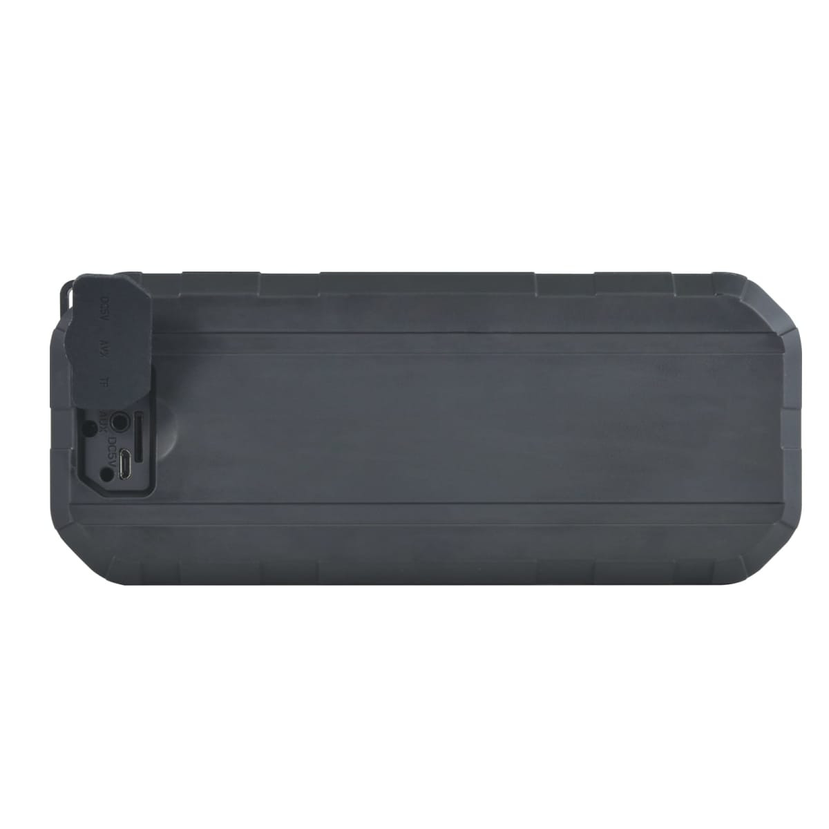 A water-resistant speaker with a rugged design, featuring ports for connectivity.