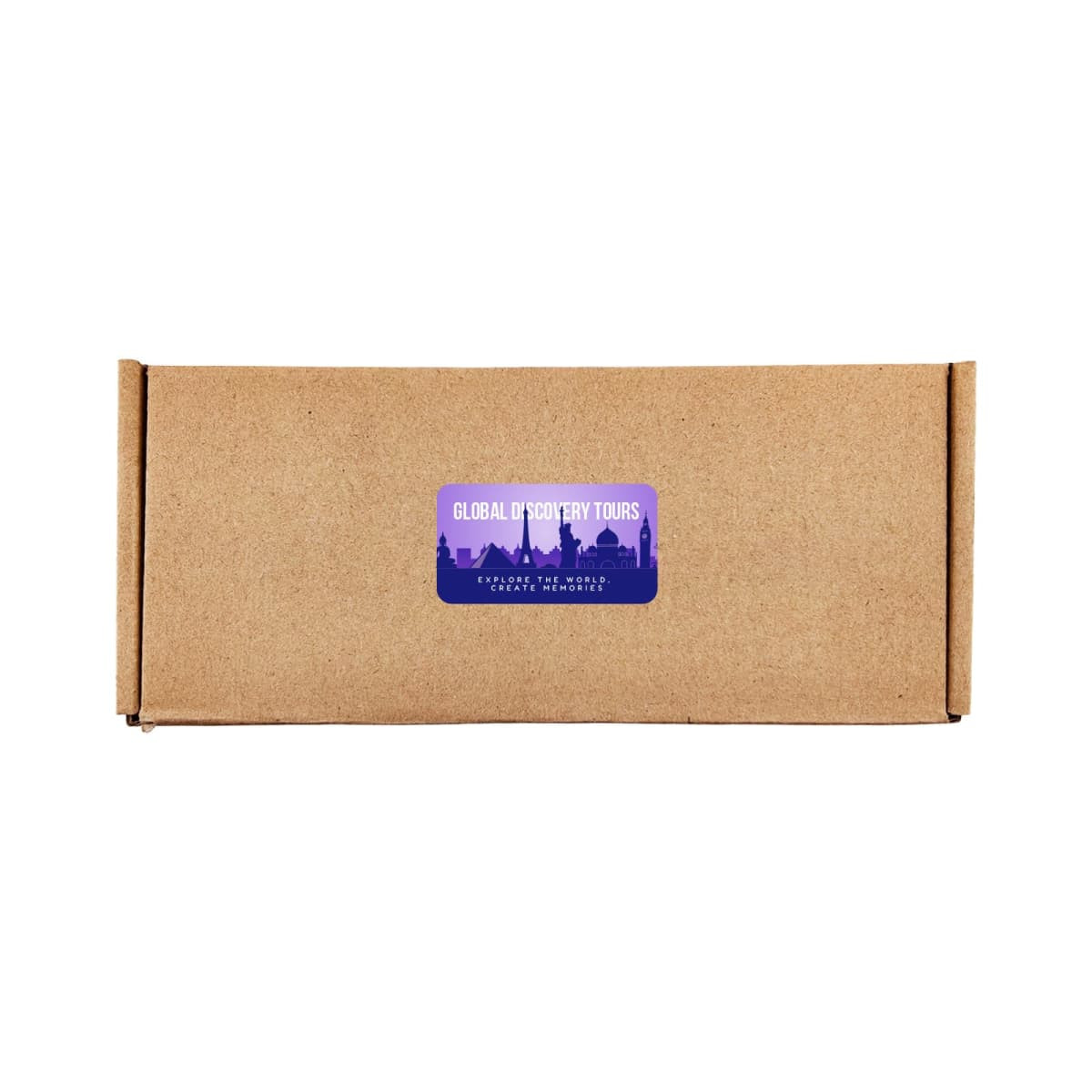 A brown cardboard box featuring a purple and blue logo with a skyline design. The box is closed and unmarked.