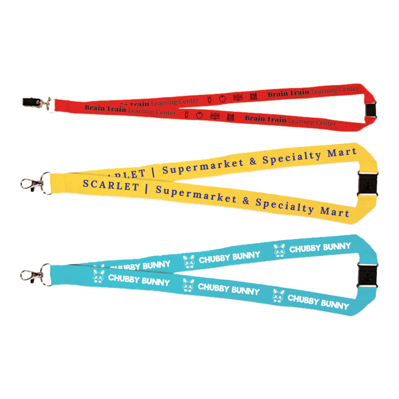 Three woven lanyards in red, yellow, and blue, each featuring a clip and a branding logo.
