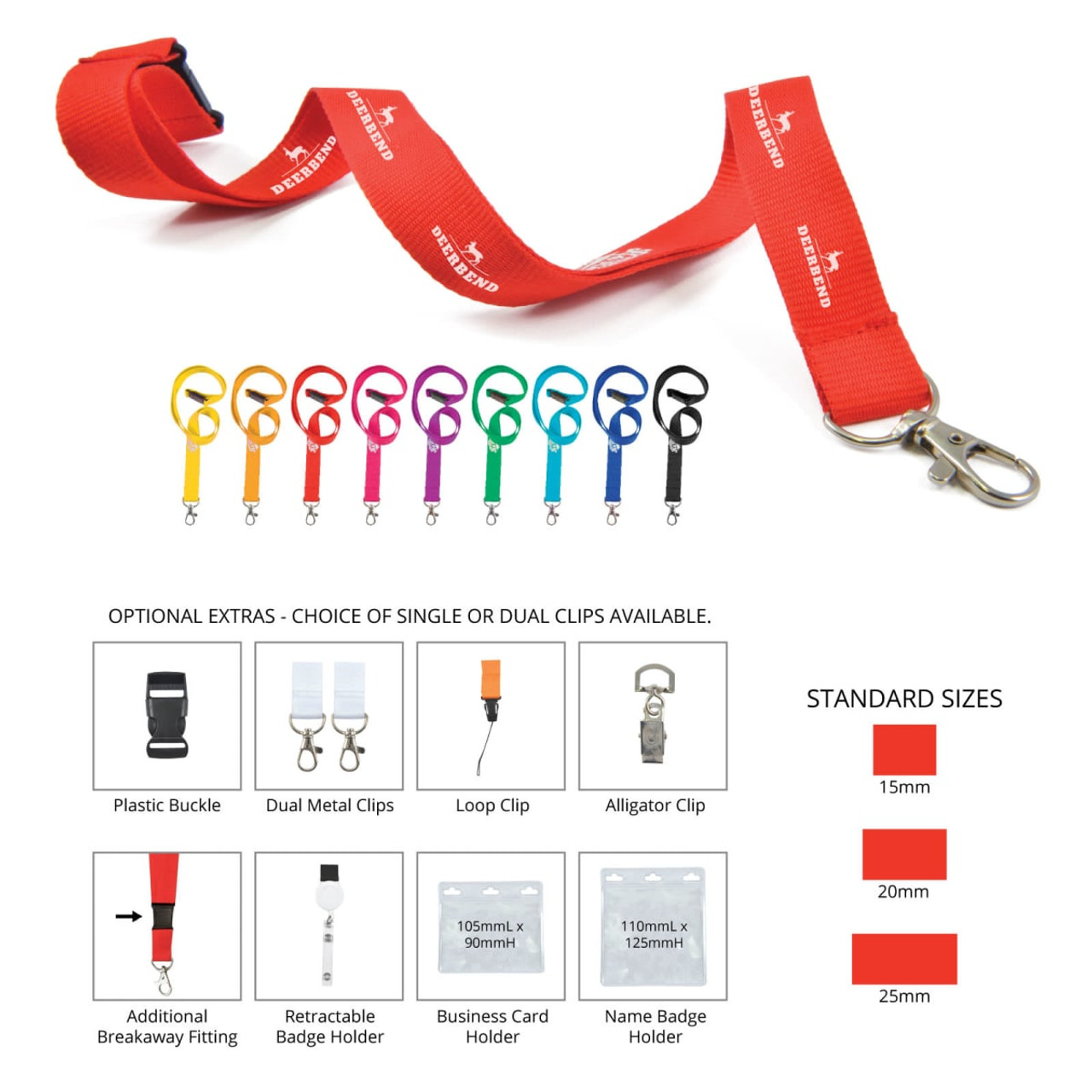 A red woven lanyard with a metal clip and multiple colourful attachment options displayed above it.