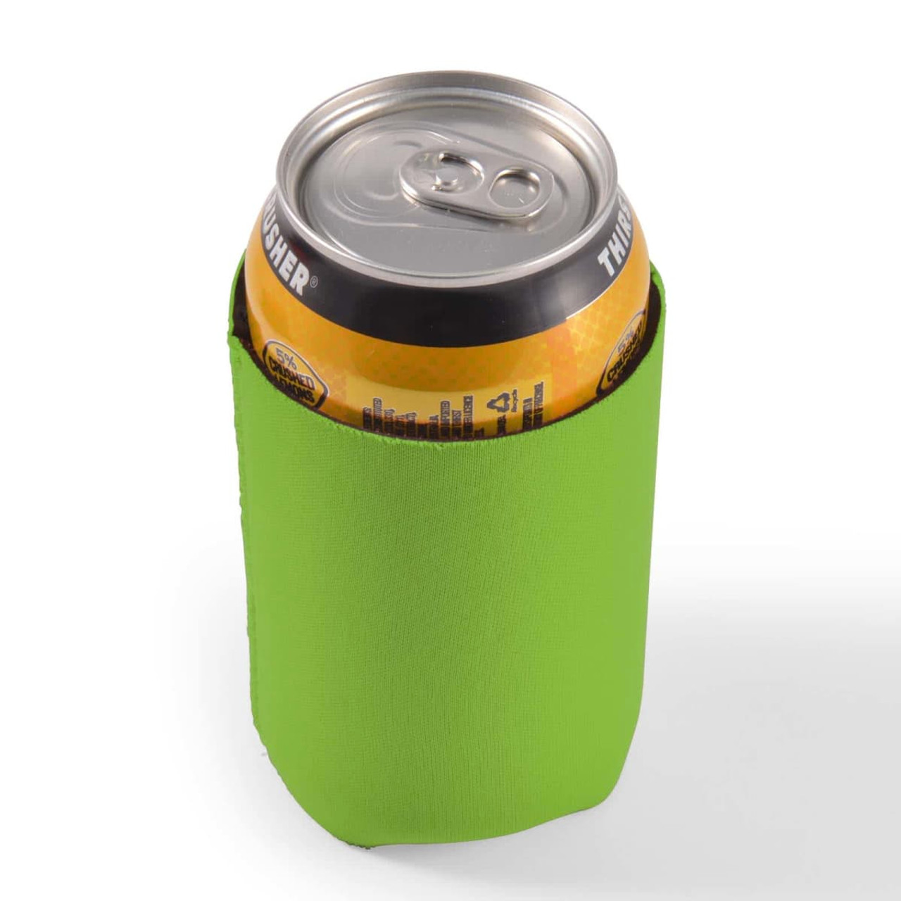 A drink can is nestled inside a bright green stubby cooler designed to keep beverages cold.