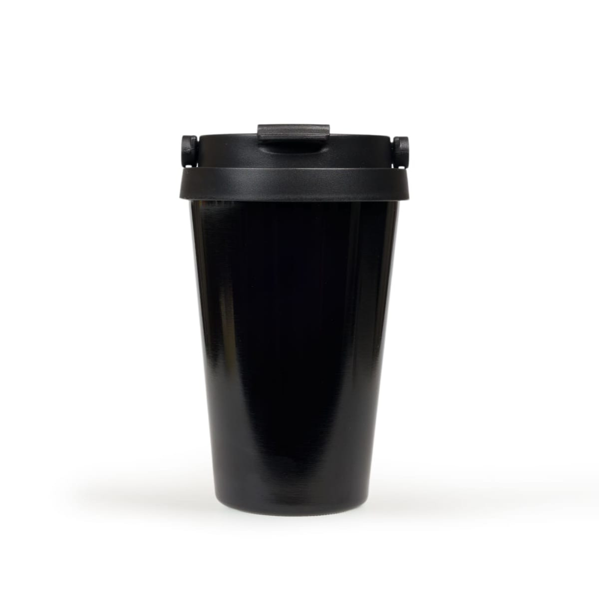 A black vacuum cup with a secured lid, featuring a sleek, glossy finish and a branding logo.