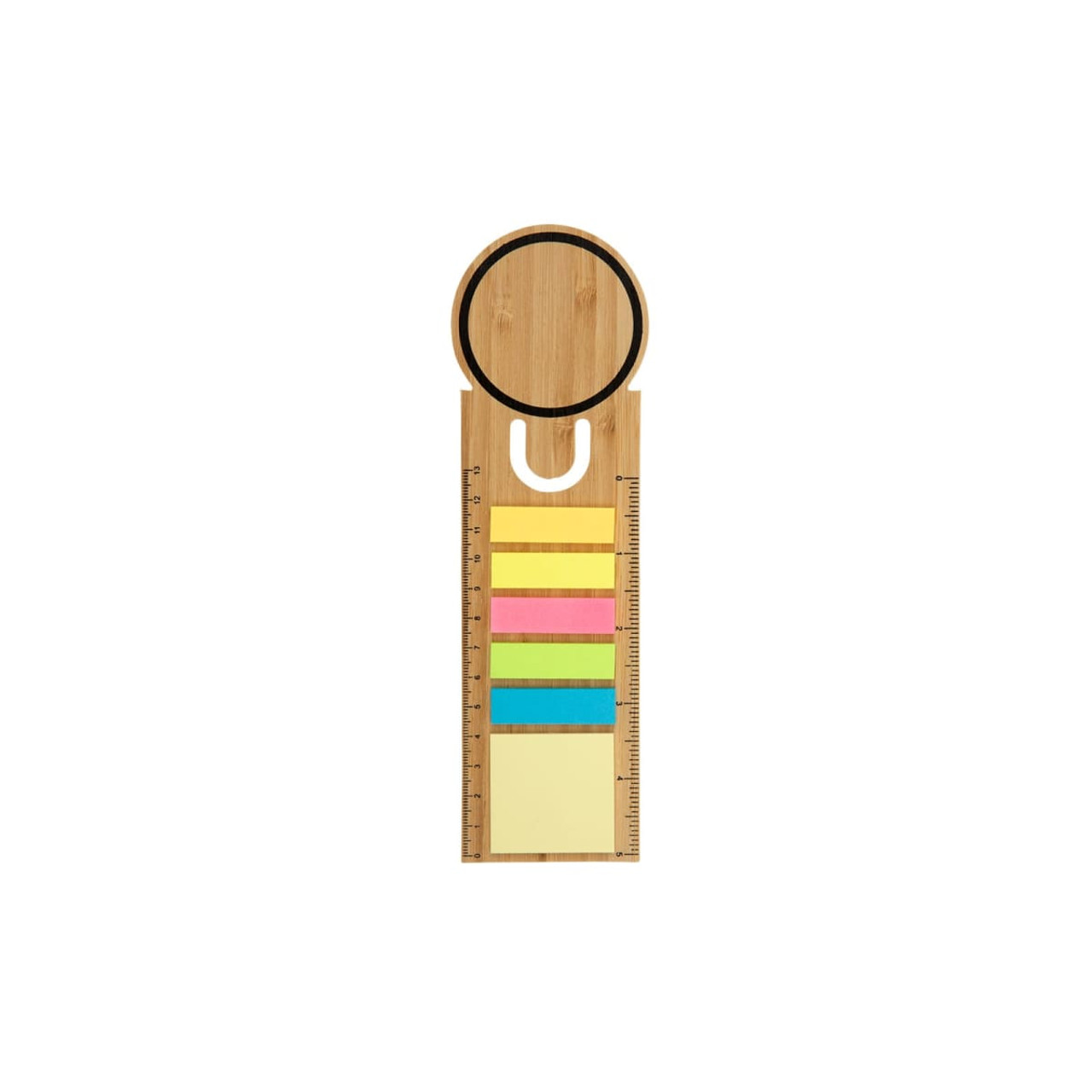 A bamboo bookmark with a circular top and various coloured sticky notes attached, including pink, green, and yellow.
