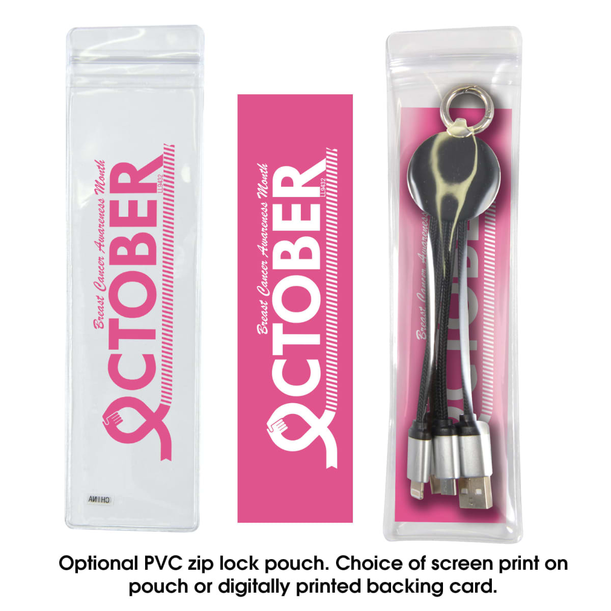 A promotional pouch containing a black Kinetic Round Glow Cable, featuring multiple charging tips and a branding logo.