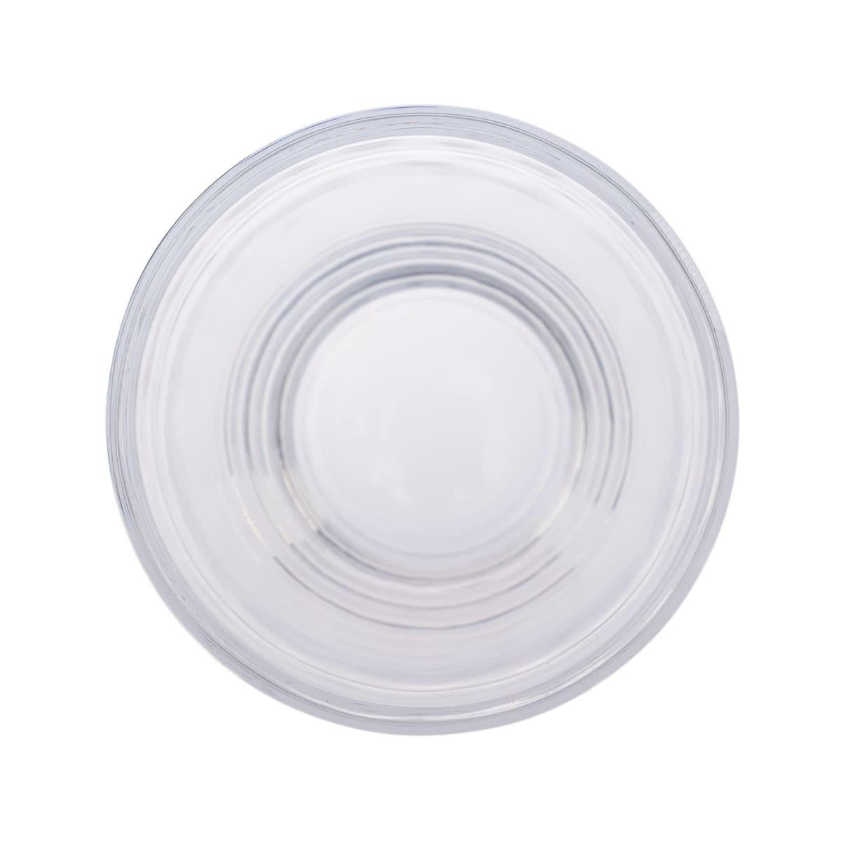 A clear reusable coffee cup with a flip lid and a textured RPET band. The view is from above, showcasing its circular design.