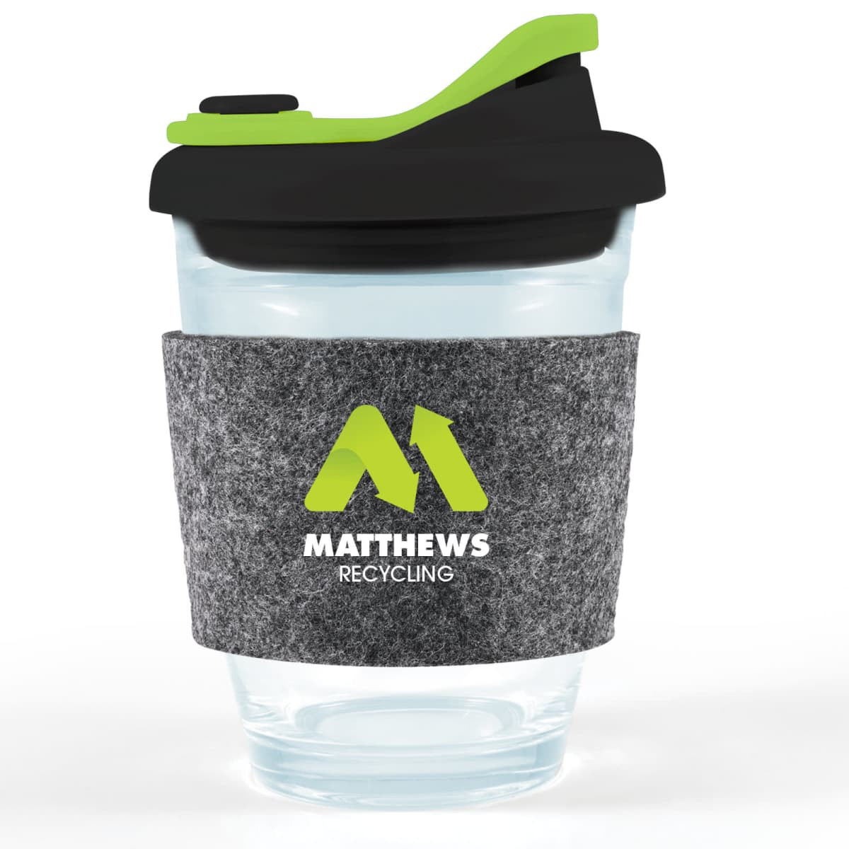 A reusable coffee cup with a clear body, black snap lid, and grey RPET band featuring a green logo.