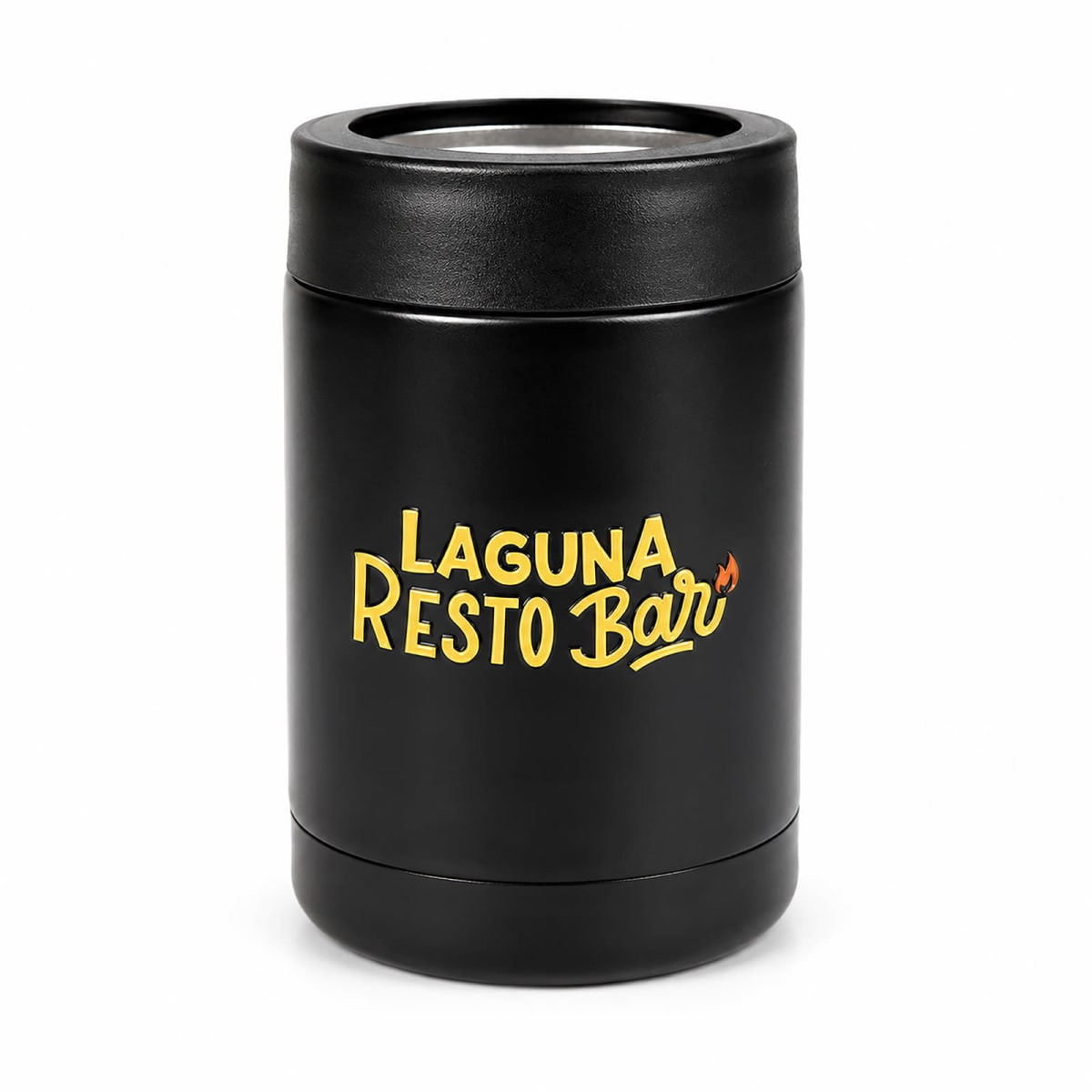 A drink bottle cooler in black with a logo displayed on the surface. It features a cylindrical design.