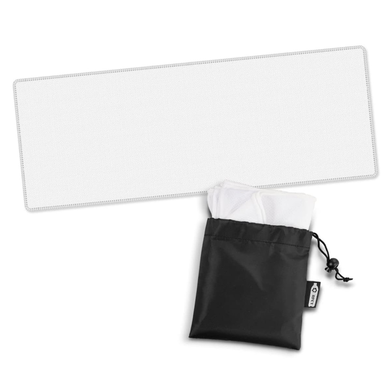 A cooling towel in white with a black storage pouch. The towel is neatly folded and stored inside the pouch.