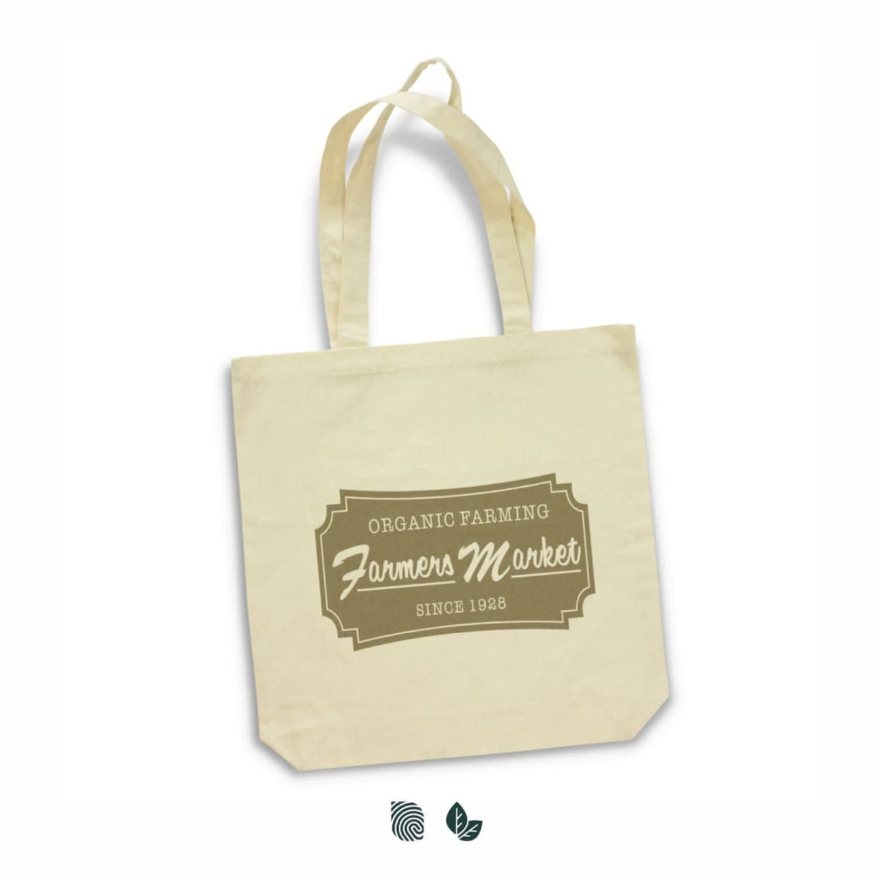 A natural cotton tote bag featuring a simple design and an emblem. It has two sturdy handles for easy carrying.