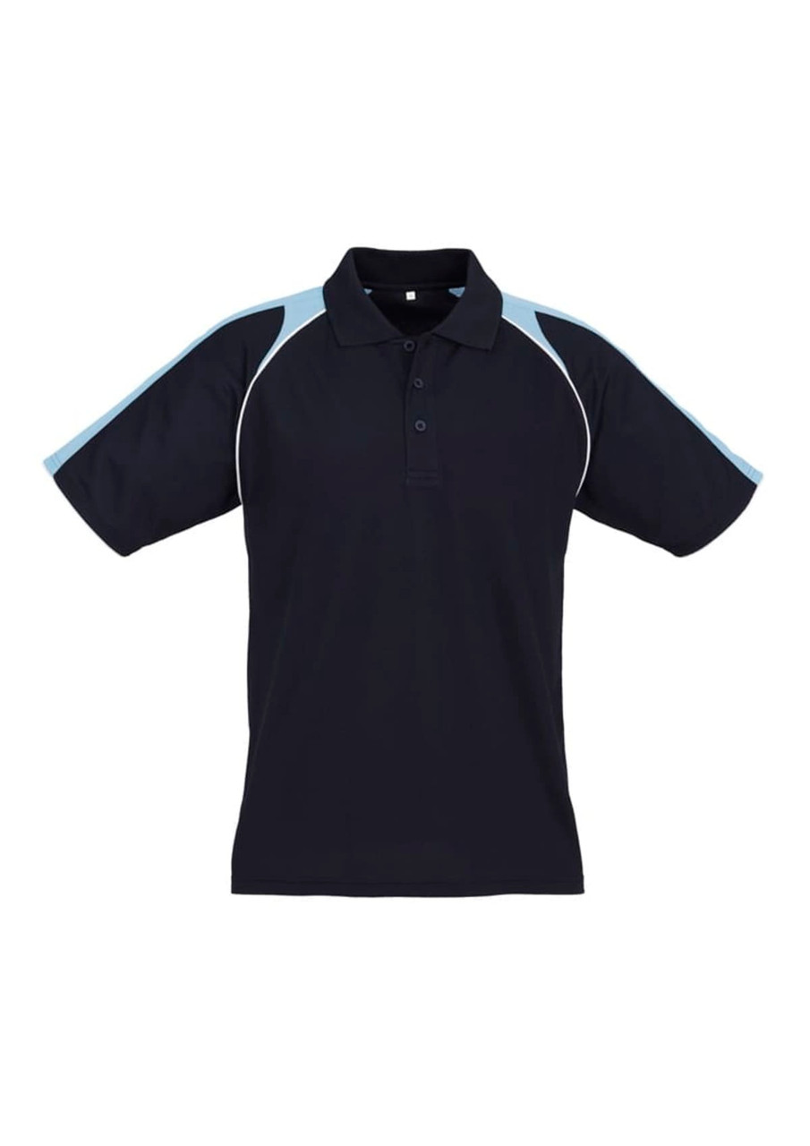 A men's polo shirt in navy blue with light blue accents and a logo on the chest.