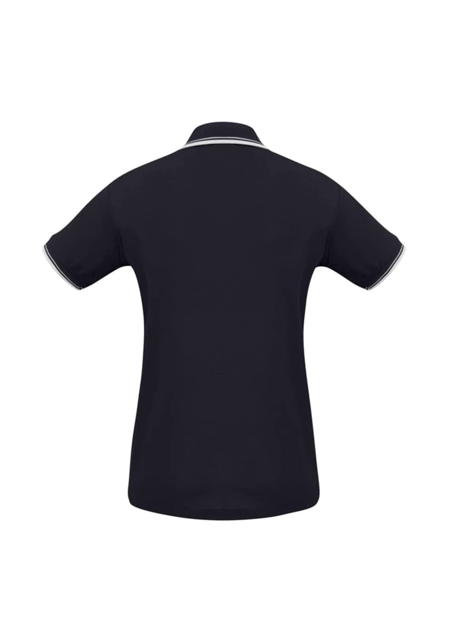 A black women's polo shirt featuring short sleeves and a contrasting collar. The back view includes a logo.