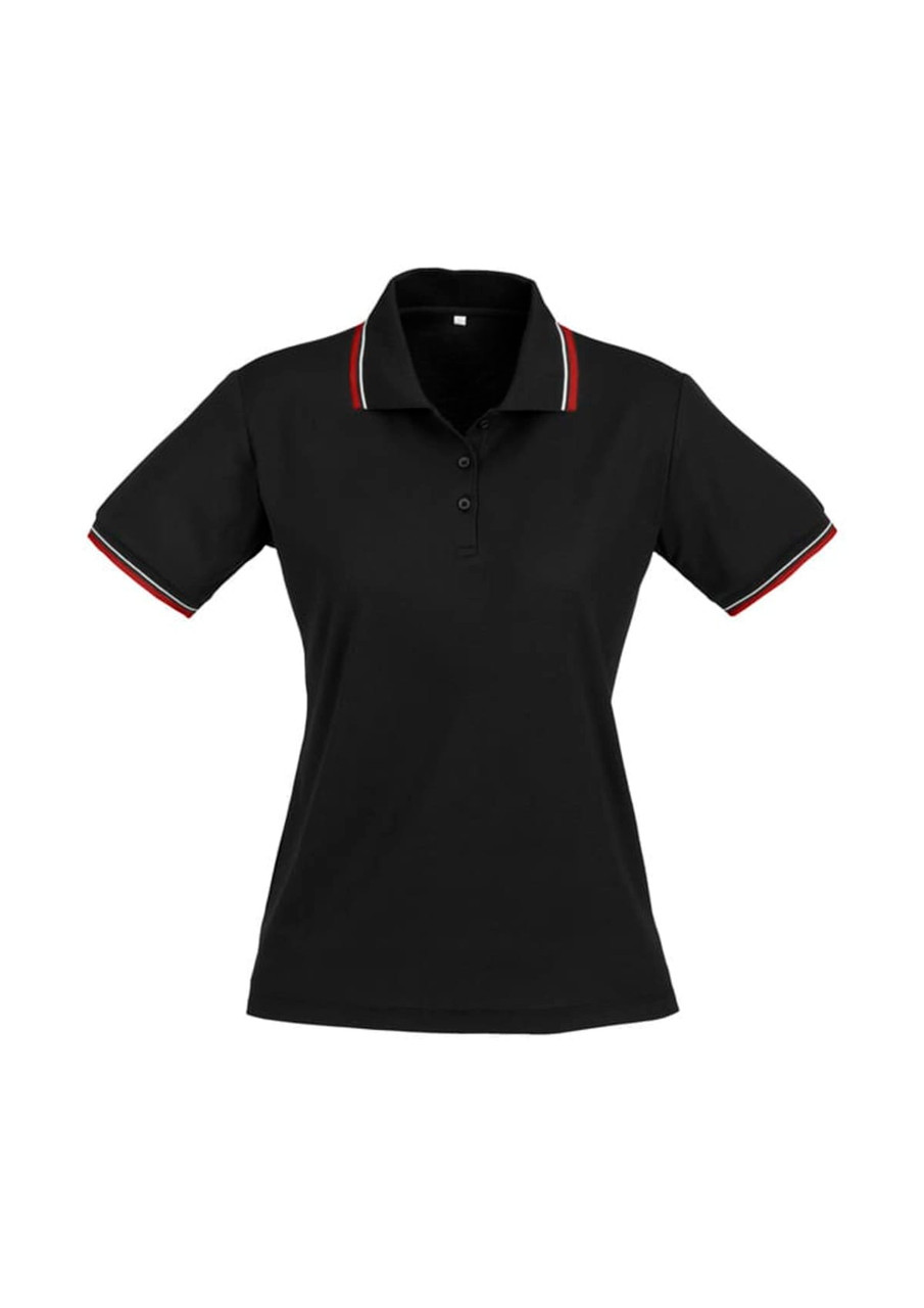 A black women's polo shirt with short sleeves and contrasting trim, featuring a collar and a logo.