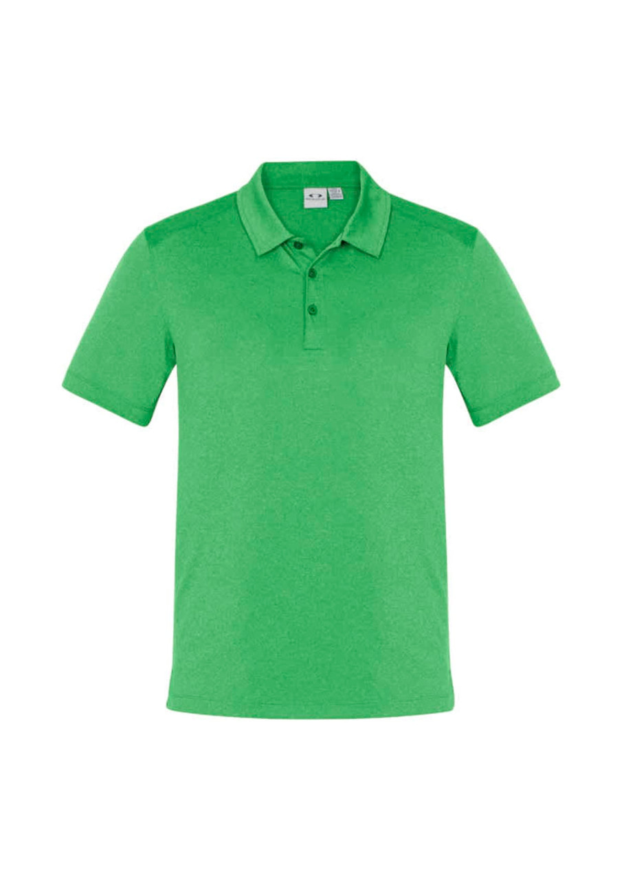 A green men's short sleeve polo shirt with a collar and three buttons, featuring a logo on the chest.