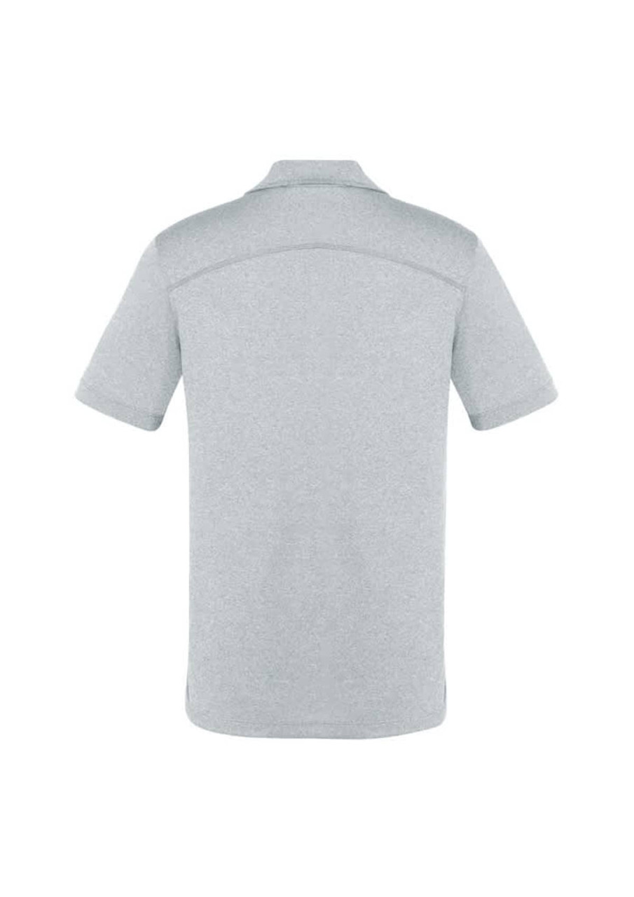 A grey short sleeve polo shirt with a smooth back design and a logo on the upper back.