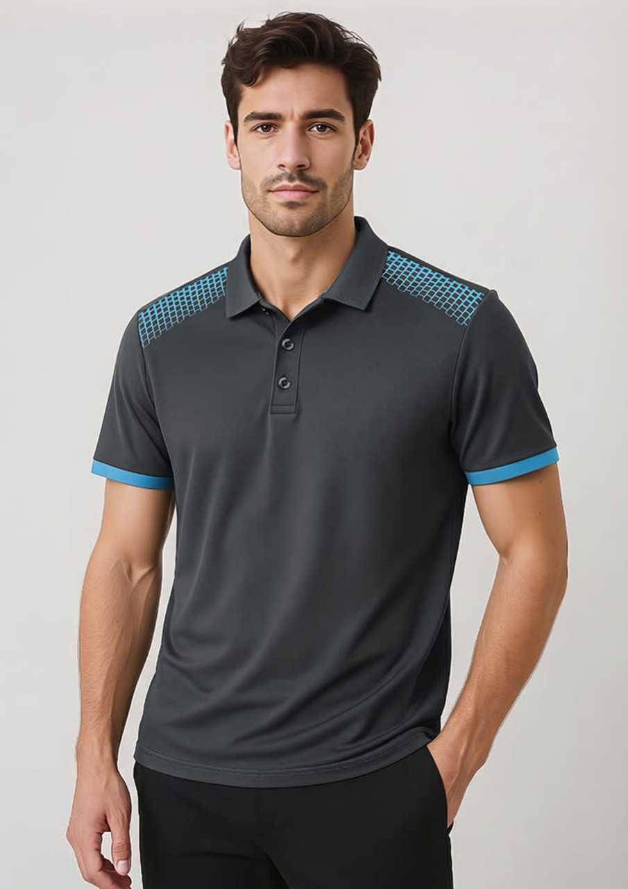 A men's short sleeve polo shirt in grey with blue accents and a branded logo on the chest.