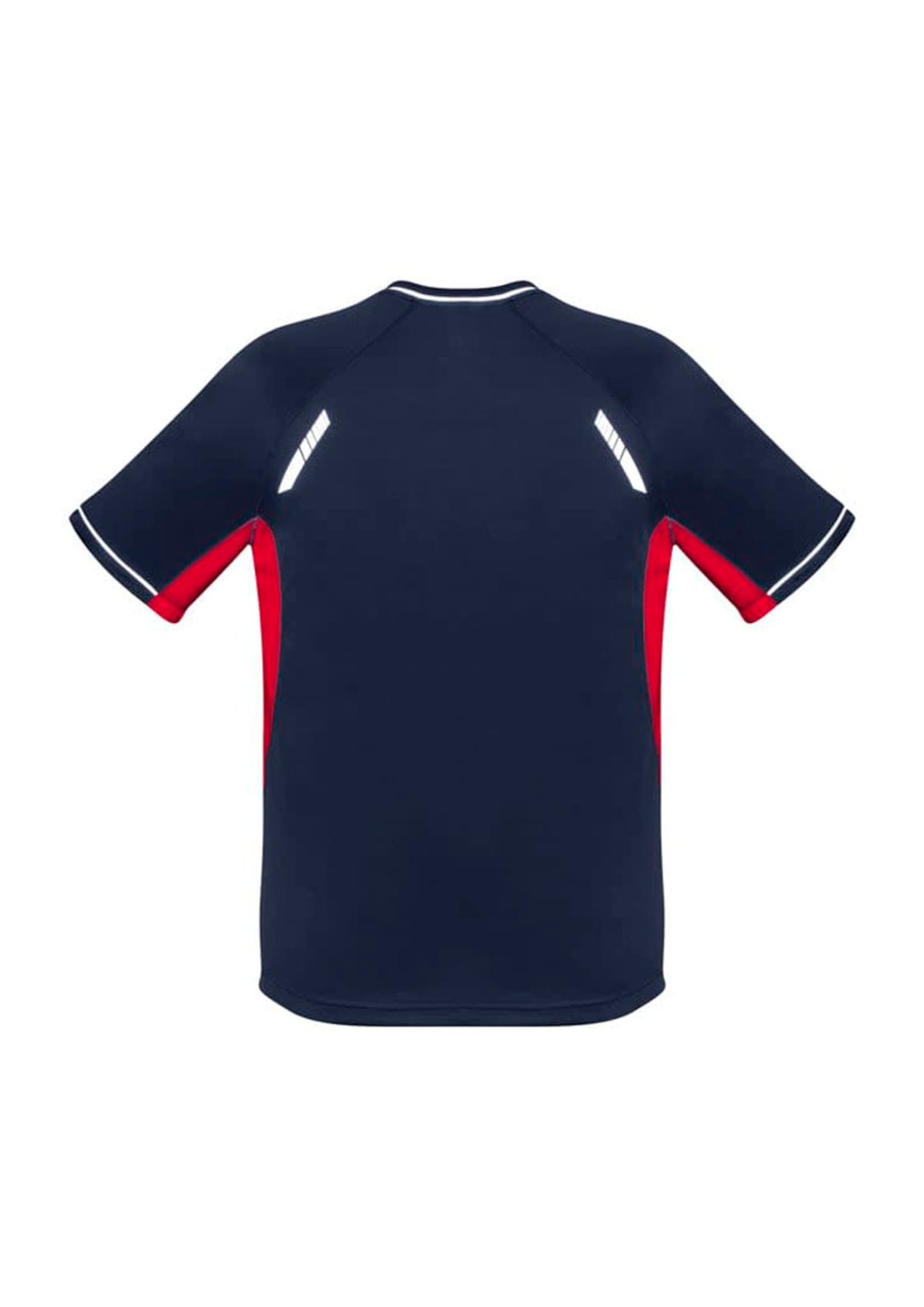 A navy blue short sleeve tee with red accents and reflective details on the shoulders. It features a logo.