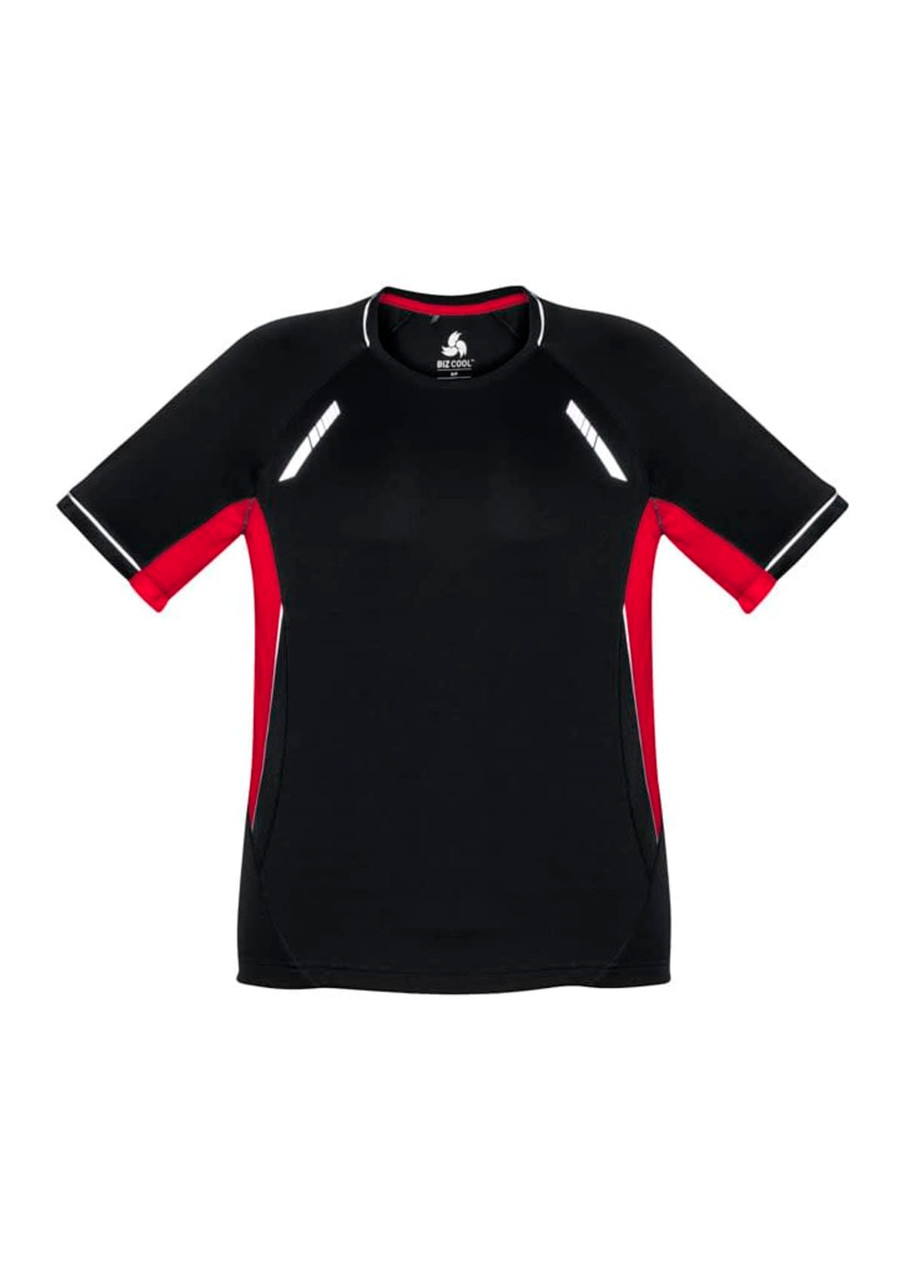 A black and red kids' short sleeve tee featuring contrasting sleeves and a logo. Ideal for active wear.