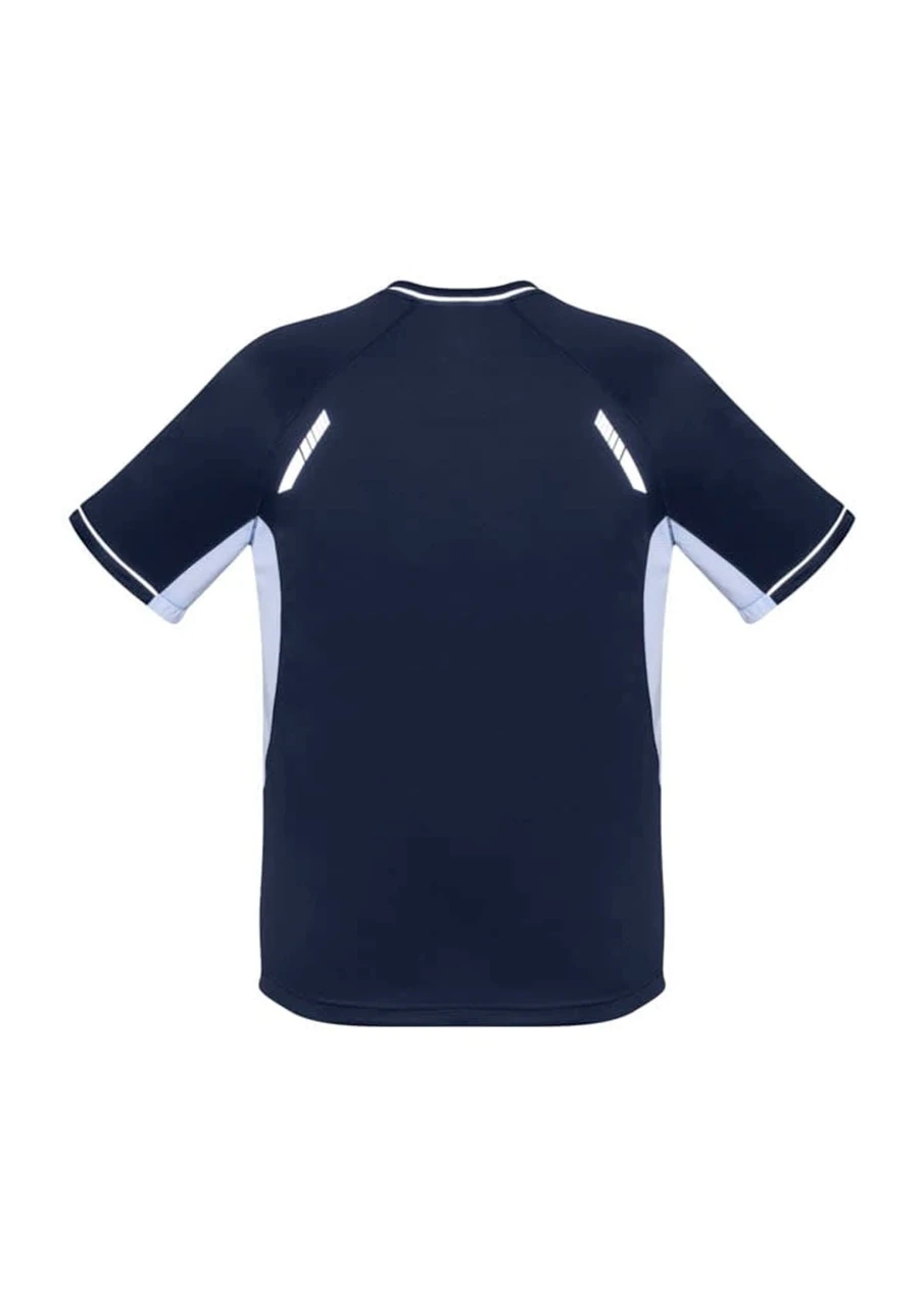 A dark navy short sleeve tee with light blue accents and reflective detailing on the shoulders. It features a logo.