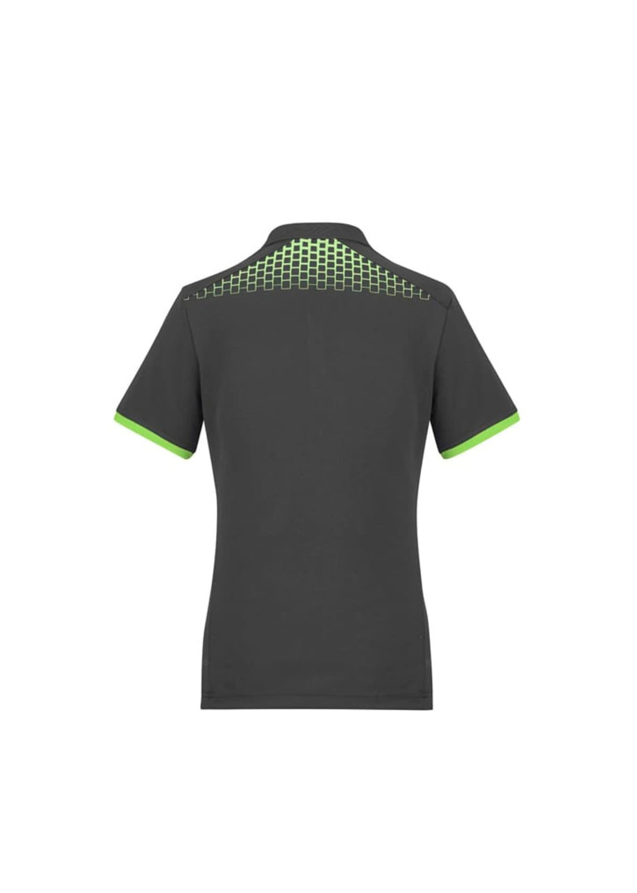 A dark grey women's polo shirt featuring a green geometric design on the back and a logo on the chest.