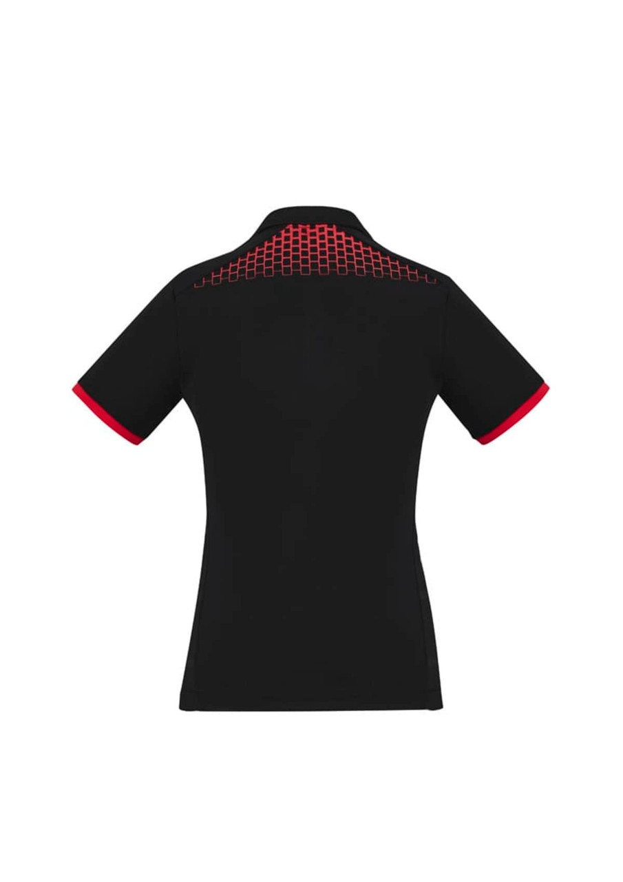 A black women's polo shirt featuring short sleeves and a grid pattern detail in red on the back.