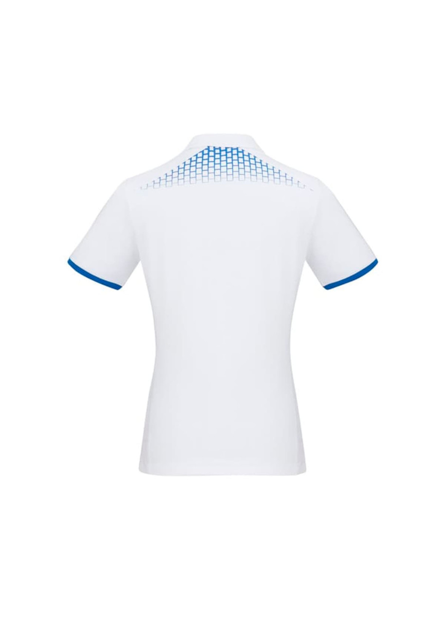 A white women's short sleeve polo shirt with a blue patterned design on the back and blue trim on the sleeves.