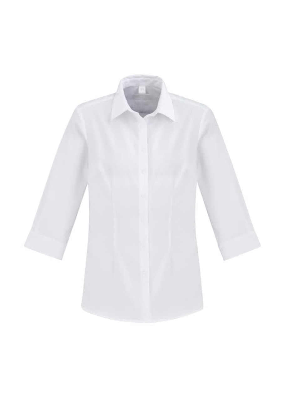 A white button-up women's shirt with 3/4 sleeves and a collar, featuring a logo on the chest.