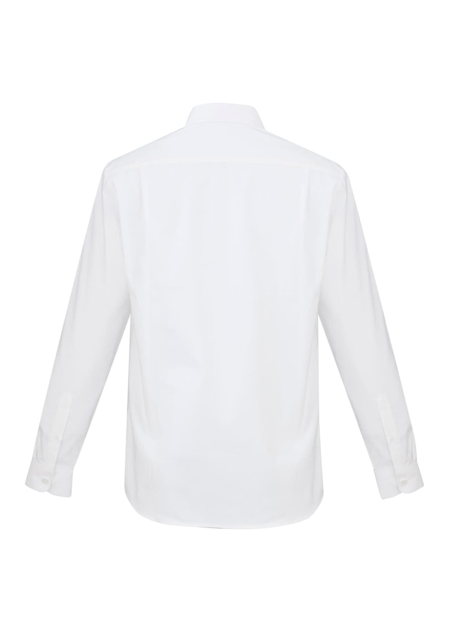 A white long sleeve button-up shirt featuring a collar and buttoned cuffs, with a plain back design.
