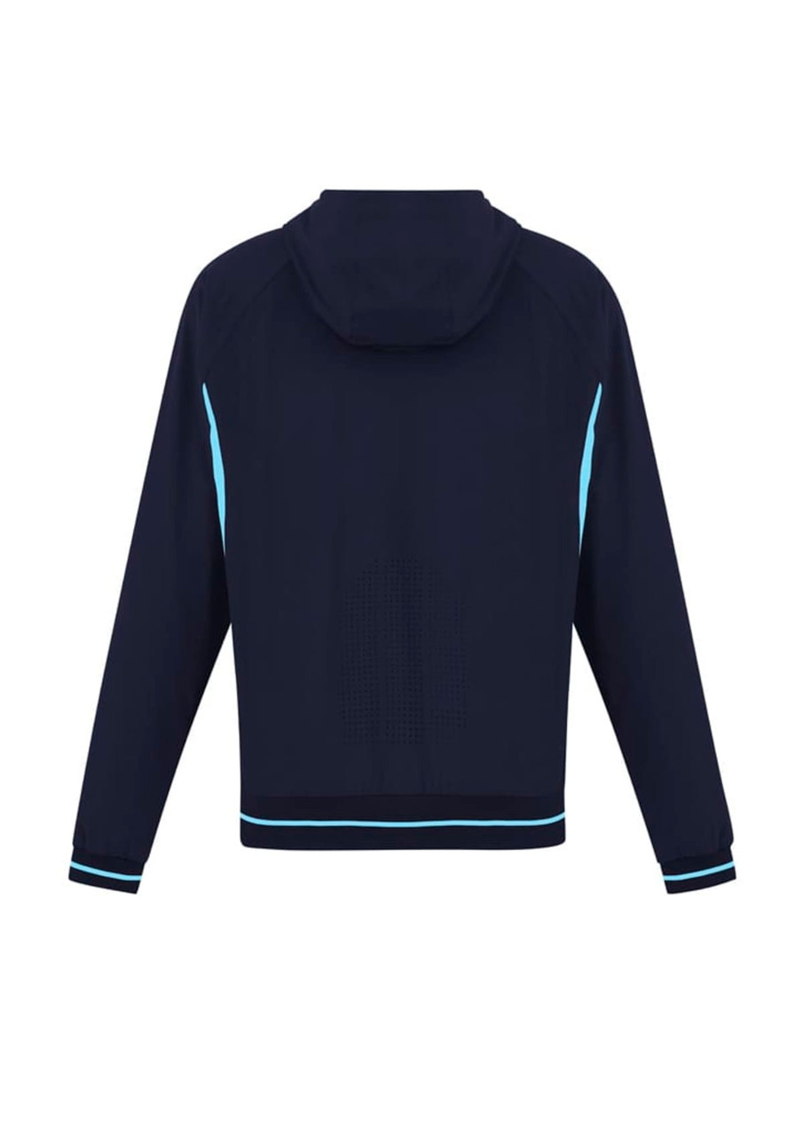 A navy soft shell jacket with a hood and light blue accents, featuring a logo on the back.