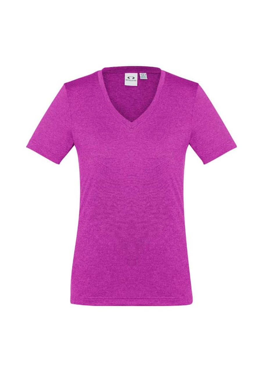 A purple women's short sleeve tee with a V-neck design and a logo on the label.