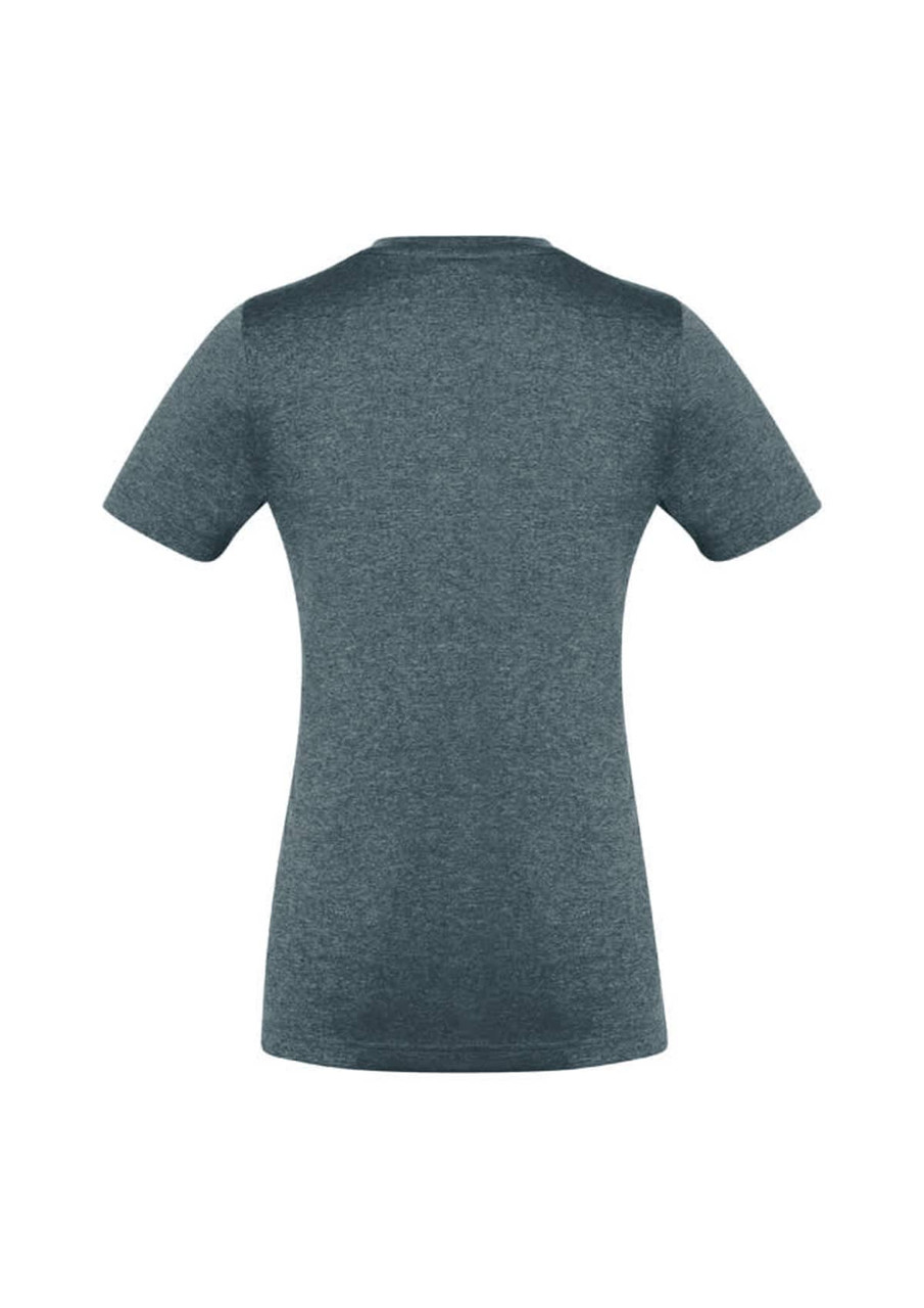 A teal women's short sleeve tee featuring a fitted design and a logo on the back.