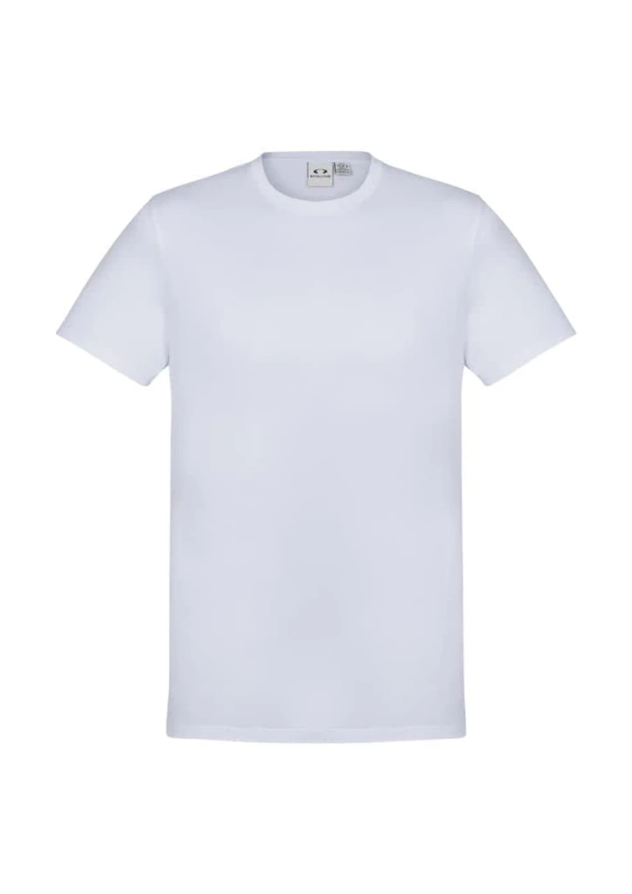 A white short sleeve tee shirt featuring a collar and a brand logo.
