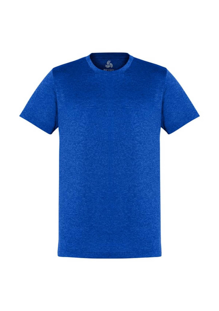 A blue short sleeve tee with a round neckline and a logo on the inside label.
