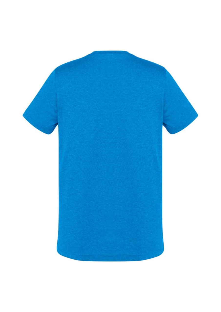 A blue short sleeve t-shirt with a simple design and a logo on the back.