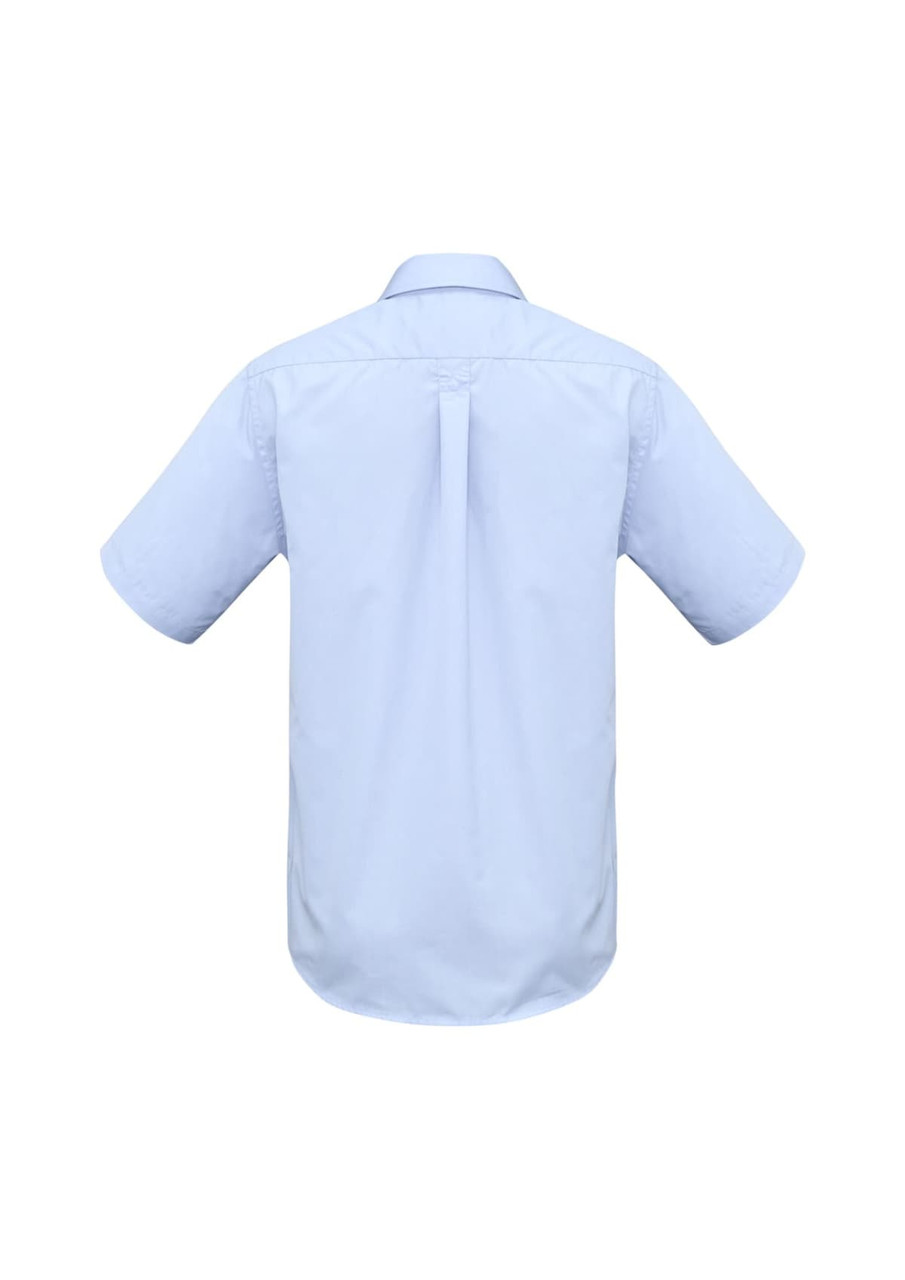 A light blue short sleeve button-up shirt with a back pleat and a logo label.