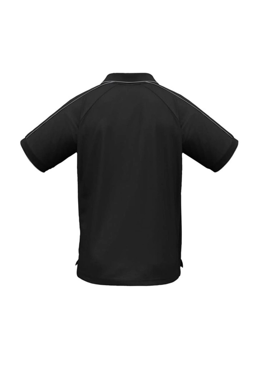 A black men's short sleeve polo shirt featuring a simple design and a logo on the back.