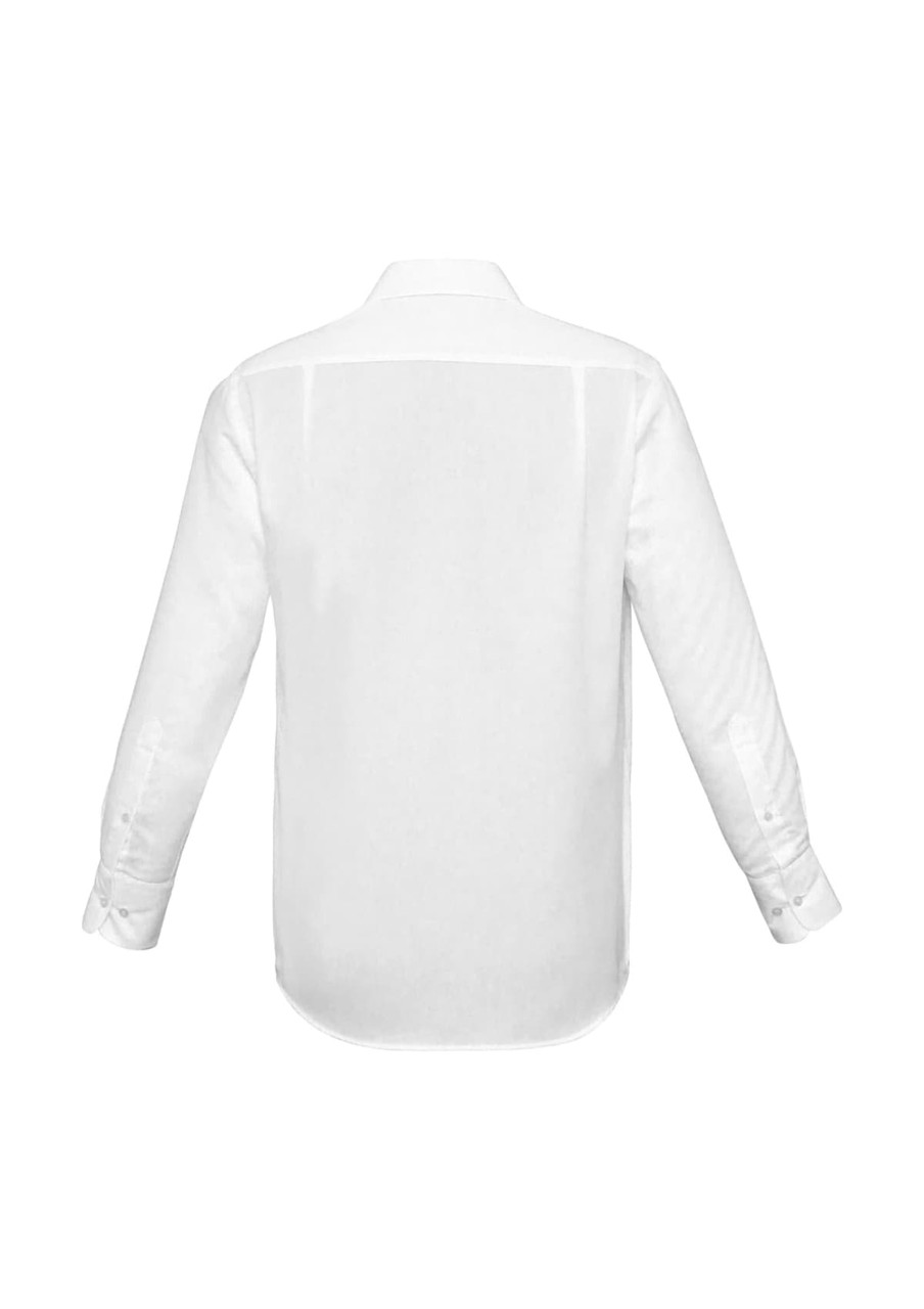 A white long sleeve button-up shirt with a smooth finish and a collar, featuring a logo.