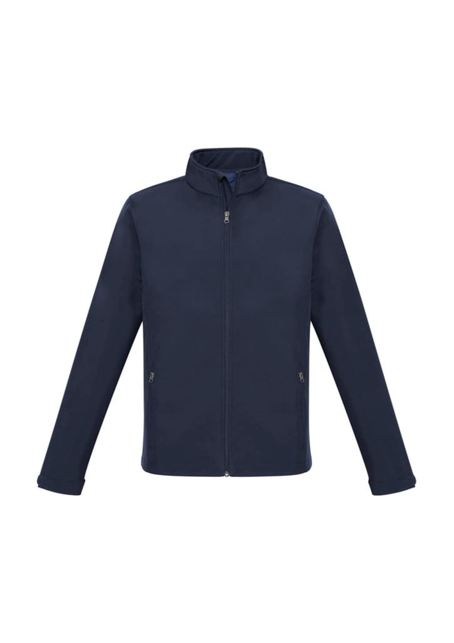 Navy men's soft shell jacket with a zip front and two side pockets, featuring a logo.